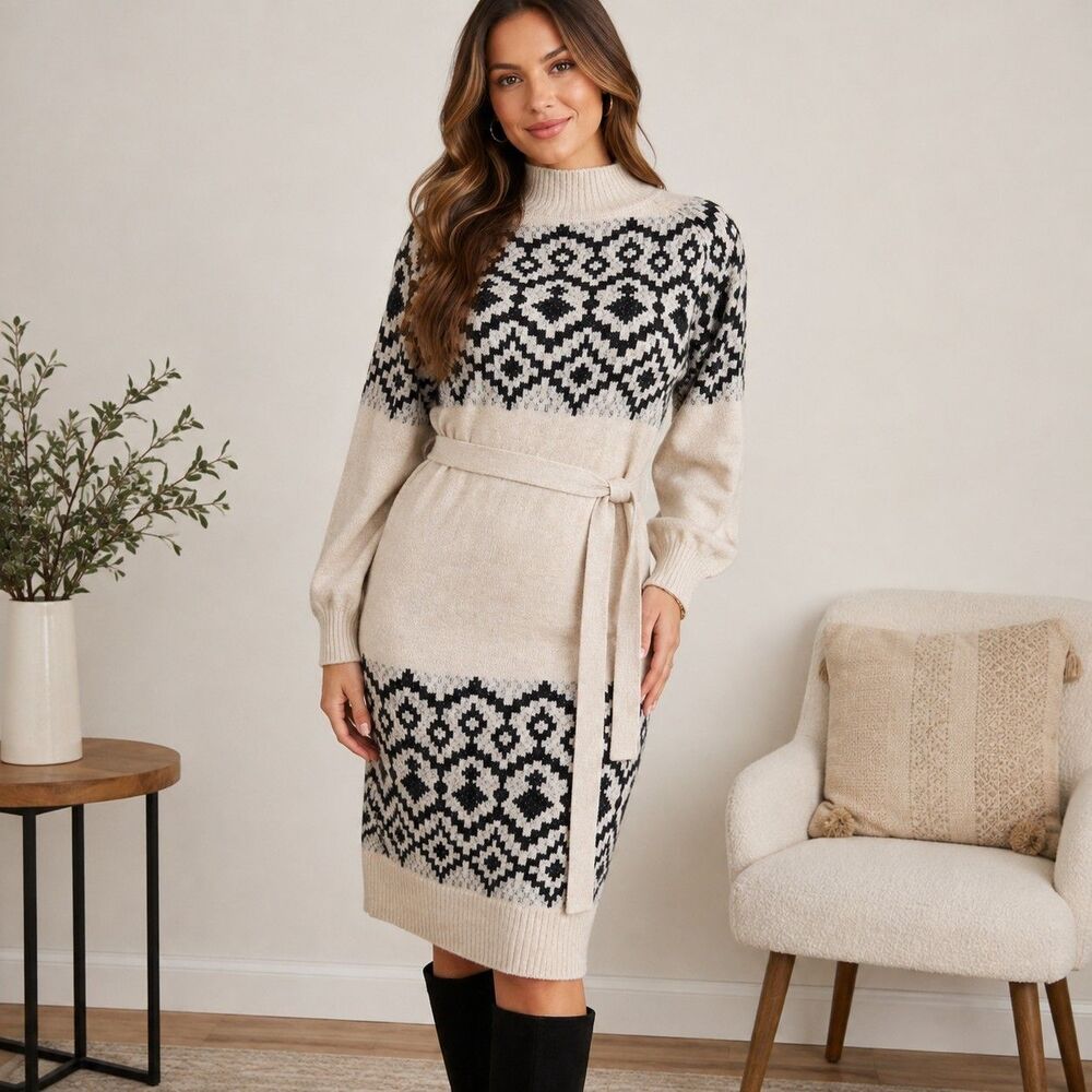 Lucky Brand Women S Fair Isle Sweater Dress Belted Mock Neck Nordic Cream Black